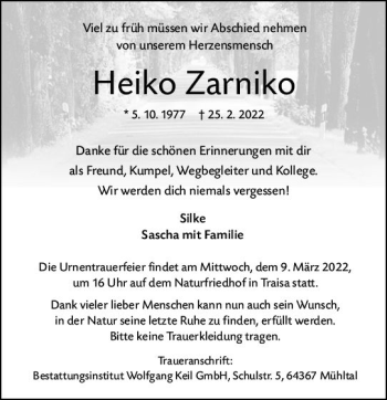 Traueranzeige von Heiko Zarniko von vrm-trauer Darmstädter Echo
