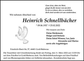 Traueranzeige von Heinrich Schnellbächer von vrm-trauer Darmstädter Echo