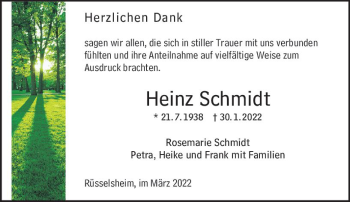 Traueranzeige von Heinz Schmidt von vrm-trauer Rüsselsheimer Echo / MainSpitze