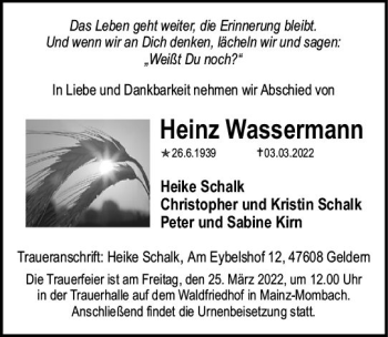 Traueranzeige von Heinz Wassermann von vrm-trauer AZ Mainz