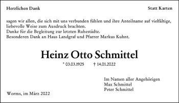 Traueranzeige von Heinz Otto Schmittel von vrm-trauer Wormser Zeitung