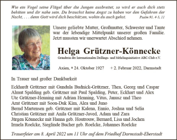 Traueranzeige von Helga Grützner-Könnecke von vrm-trauer Darmstädter Echo