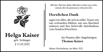 Traueranzeige von Helga Kaiser von vrm-trauer AZ Mainz