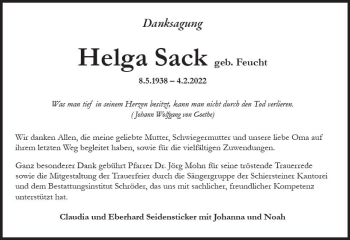 Traueranzeige von Helga Sack von vrm-trauer Wiesbadener Kurier