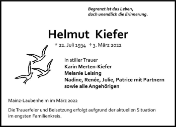 Traueranzeige von Helmut Kiefer von vrm-trauer AZ Mainz