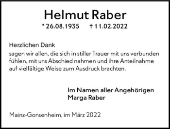 Traueranzeige von Helmut Raber von vrm-trauer AZ Mainz