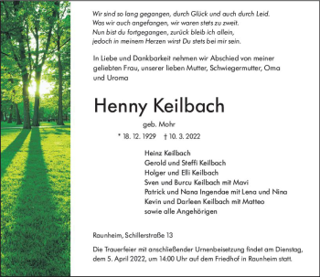 Traueranzeige von Henny Keilbach von vrm-trauer Rüsselsheimer Echo / MainSpitze