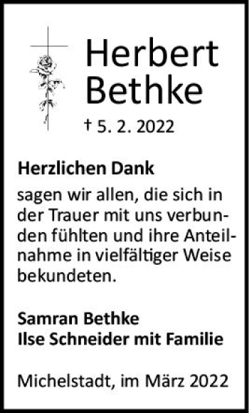 Traueranzeige von Herbert Bethke von vrm-trauer Odenwälder Echo