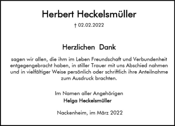 Traueranzeige von Herbert Heckelsmüller von vrm-trauer AZ Mainz