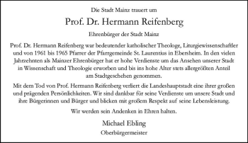 Traueranzeige von Hermann Reifenberg von vrm-trauer AZ Mainz