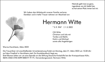 Traueranzeige von Hermann Witte von vrm-trauer Wormser Zeitung