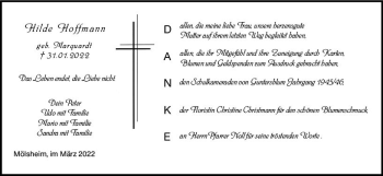 Traueranzeige von Hilde Hoffmann von vrm-trauer Wormser Zeitung