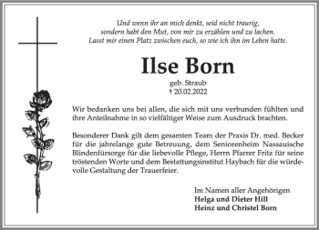 Traueranzeige von Ilse Born von vrm-trauer Wiesbadener Kurier