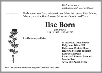 Traueranzeige von Ilse Born von vrm-trauer Wiesbadener Kurier
