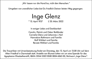 Traueranzeige von Inge Glenz von vrm-trauer Darmstädter Echo