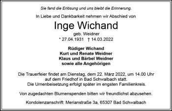 Traueranzeige von Inge Wichand von vrm-trauer WK-UTA