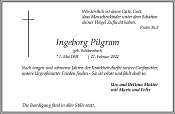 Traueranzeige von Ingeborg Pilgram von vrm-trauer AZ Mainz