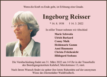 Traueranzeige von Ingeborg Reisser von vrm-trauer Darmstädter Echo