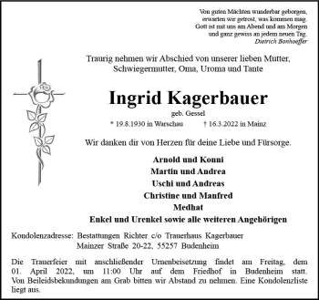 Traueranzeige von Ingrid Kagerbauer von vrm-trauer AZ Mainz