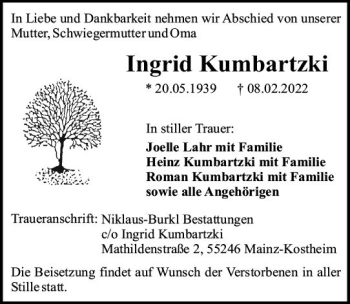 Traueranzeige von Ingrid Kumbartzki von vrm-trauer Wiesbadener Kurier