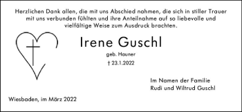 Traueranzeige von Irene Guschl von vrm-trauer Wiesbadener Kurier