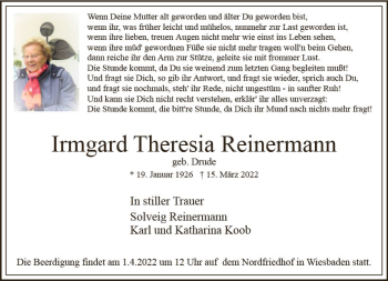 Traueranzeige von Irmgard Theresia Reinermann von vrm-trauer Wiesbadener Kurier