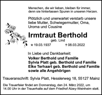 Traueranzeige von Irmtraut Berthold von vrm-trauer Allgemeine Zeitung Alzey
