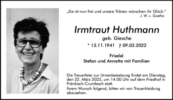 Traueranzeige von Irmtraut Huthmann von vrm-trauer Odenwälder Echo
