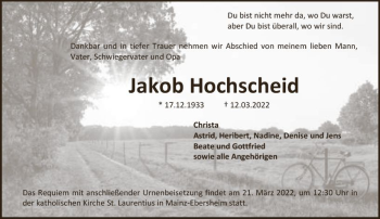Traueranzeige von Jakob Hochscheid von vrm-trauer AZ Mainz