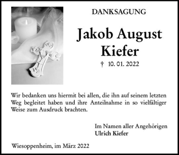 Traueranzeige von Jakob August Kiefer von vrm-trauer Wormser Zeitung