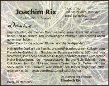 Traueranzeige von Joachim Rix von vrm-trauer AZ Mainz