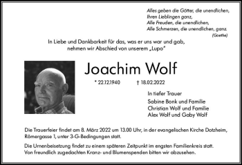 Traueranzeige von Joachim Wolf von vrm-trauer Wiesbadener Kurier