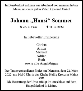 Traueranzeige von Johann Sommer von vrm-trauer AZ Mainz