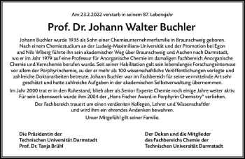 Traueranzeige von Johann Walter Buchler von vrm-trauer Darmstädter Echo