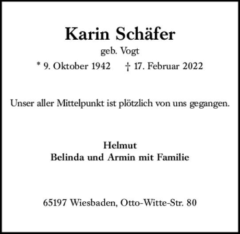 Traueranzeige von Karin Schäfer von vrm-trauer Wiesbadener Kurier