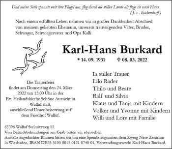 Traueranzeige von Karl-Hans Burkard von vrm-trauer Rheingau