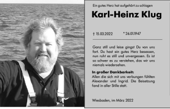 Traueranzeige von Karl-Heinz Klug von vrm-trauer Wiesbadener Kurier