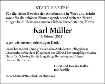 Traueranzeige von Karl Müller von vrm-trauer Odenwälder Echo