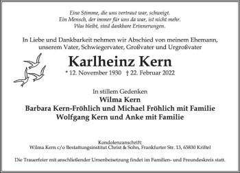 Traueranzeige von Karlheinz Kern von vrm-trauer Wiesbadener Kurier