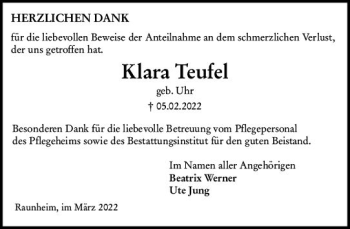 Traueranzeige von Klara Teufel von vrm-trauer Rüsselsheimer Echo / MainSpitze
