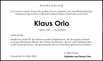 Traueranzeige von Klaus Orio von vrm-trauer Darmstädter Echo