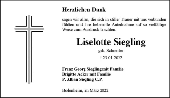 Traueranzeige von Liselotte Siegling von vrm-trauer AZ Mainz