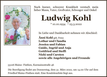 Traueranzeige von Ludwig Kohl von vrm-trauer AZ Mainz