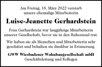 Traueranzeige von Luise-Jeanette Gerhardstein von vrm-trauer Wiesbadener Kurier