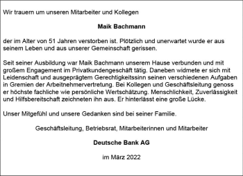 Traueranzeige von Maik Bachmann von vrm-trauer Wiesbadener Kurier