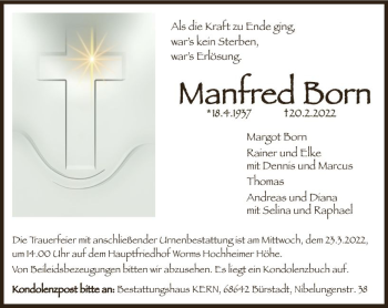 Traueranzeige von Manfred Born von vrm-trauer Wormser Zeitung