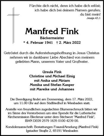 Traueranzeige von Manfred Fink von vrm-trauer Wiesbadener Kurier