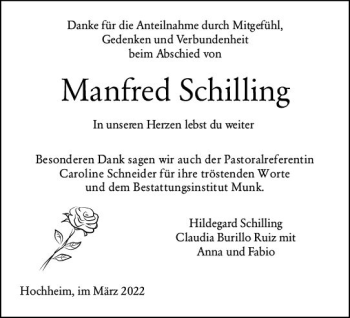 Traueranzeige von Manfred Schilling von vrm-trauer Hochheimer Zeitung