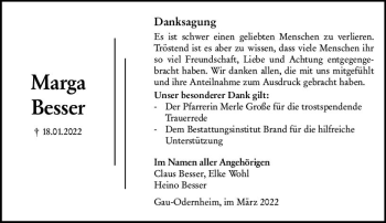 Traueranzeige von Marga Besser von vrm-trauer Allgemeine Zeitung Alzey