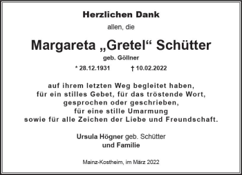 Traueranzeige von Margareta Schütter von vrm-trauer Wiesbadener Kurier